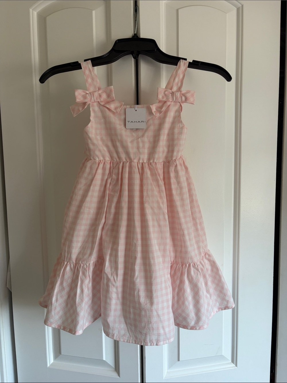 Tahari Pink Gingham Bow-Shoulder Sundress